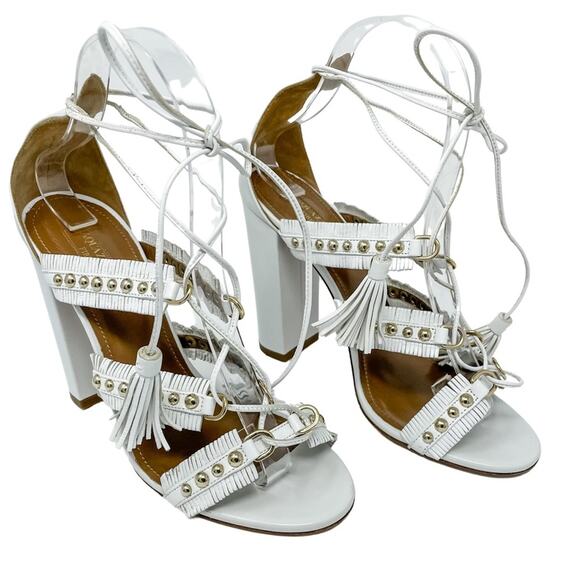 Aquazzura White Tulum Fringed Leather Studded Gladiator Sandal size 37.5 - Picture 12 of 12